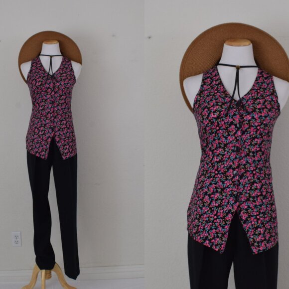 Vintage 90s Dark Floral Rayon Button Down Blouse size S - Picture 1 of 11